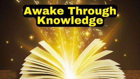 awake through knowledge a picture of a book open with gold flying out